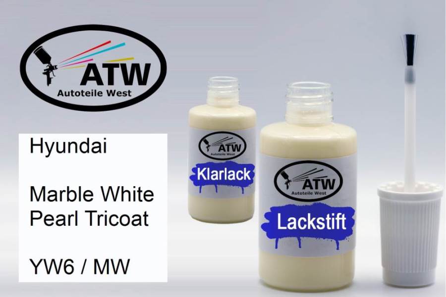 Hyundai, Marble White Pearl Tricoat, YW6 / MW: 20ml Lackstift + 20ml Klarlack - Set, von ATW Autoteile West.